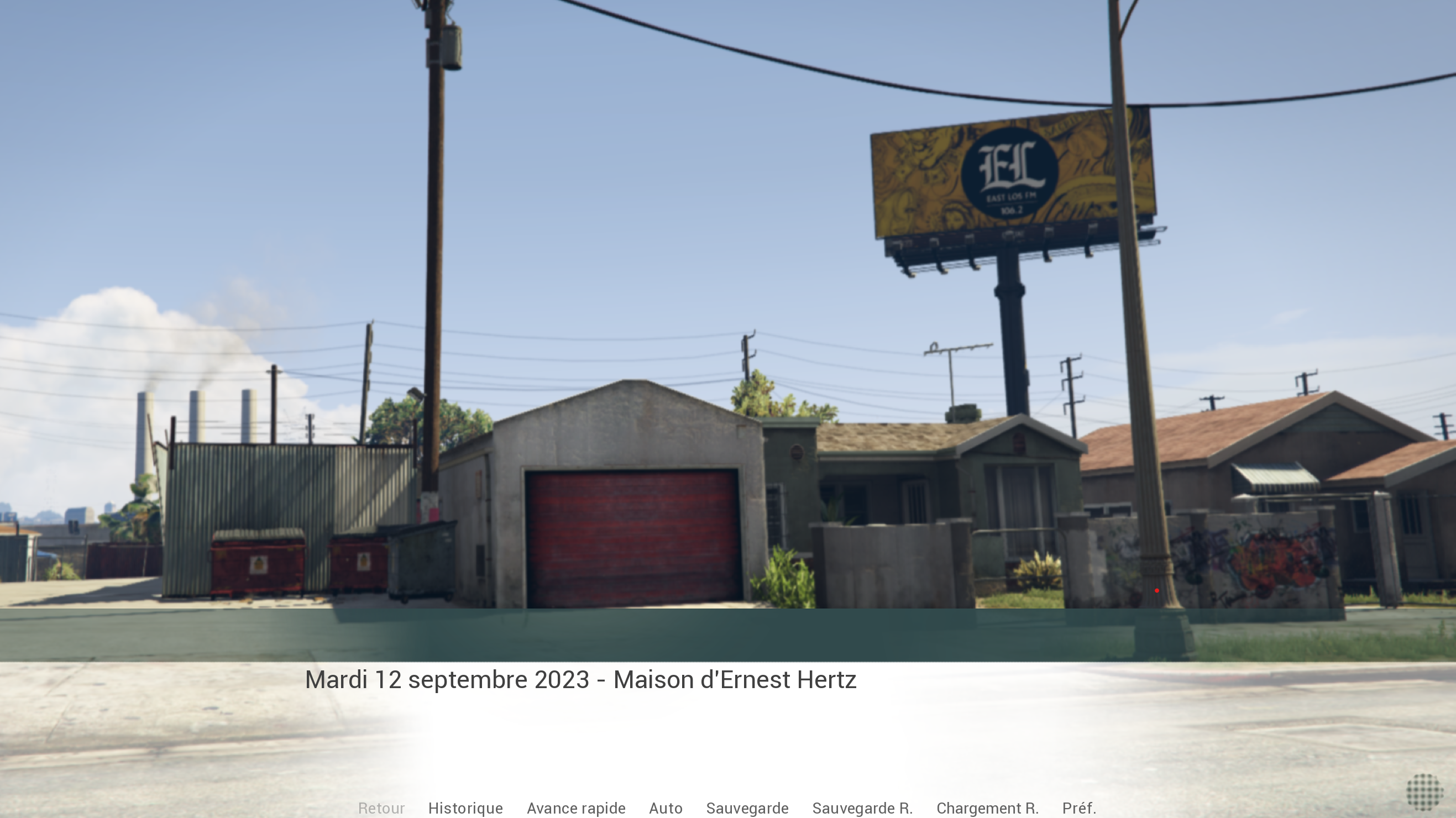 capture d'écran d'un jeu vidéo avec en fond une capture d'écran d'un quartier de GTA et en texte 'Mardi 12 septembre 2023 - Maison d'Ernest Hertz'