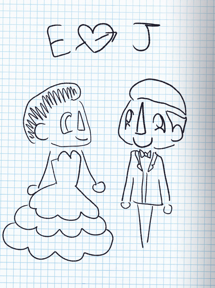 Dessin d'Ernest en robe de mariée et de Jonas en costume noeud papillon. Il est inscrit E et J en haut avec un coeur traversé d'une flèche entre les deux initiales