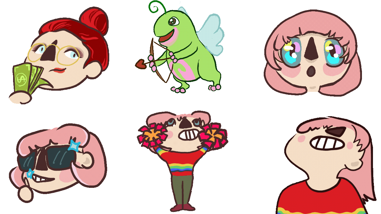 6 emotes animées : une femme qui secoue une liasse de billet, une grenouille cupidon, une Georgic avec des étoiles dans les yeux, une Georgic avec des lunettes de soleil cool scintillantes, une Georgic pompom girl, une Georgic qui remue sa tête d'avant en arrière