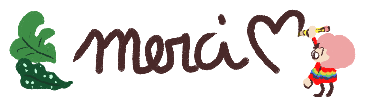 dessin de Georgic qui écrit 'merci' suivi d'un coeur avec une feuille de Monstera Deliciosa et une feuille de bégonia maculata en déco à gauche